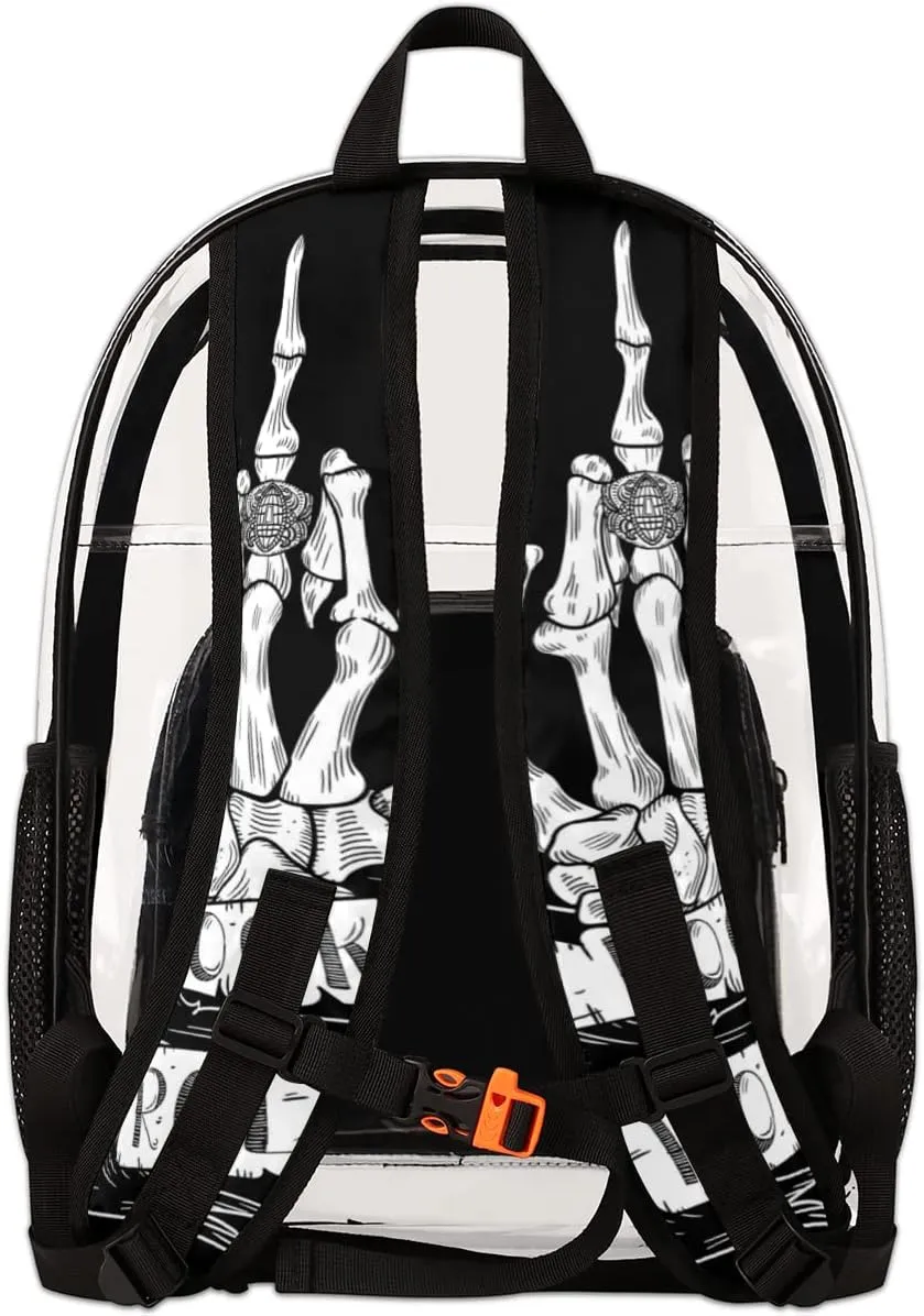 Skeleton Skull Hand Rock N Roll Clear Backpack Stadium Approved Heavy Duty PVC Transparent Backpacks Large See Through Bag for Work Travel Sports Events Concerts