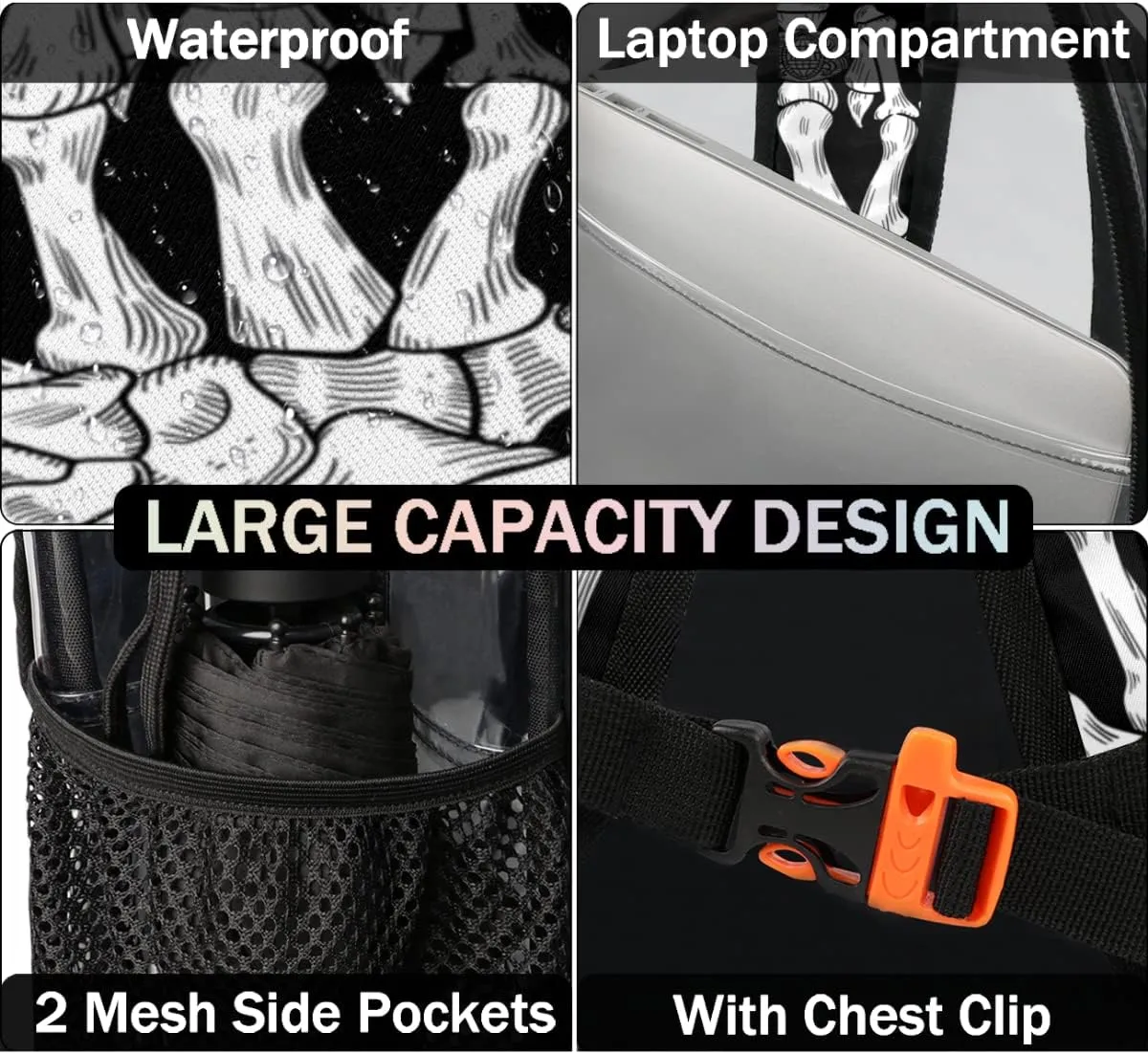 Skeleton Skull Hand Rock N Roll Clear Backpack Stadium Approved Heavy Duty PVC Transparent Backpacks Large See Through Bag for Work Travel Sports Events Concerts