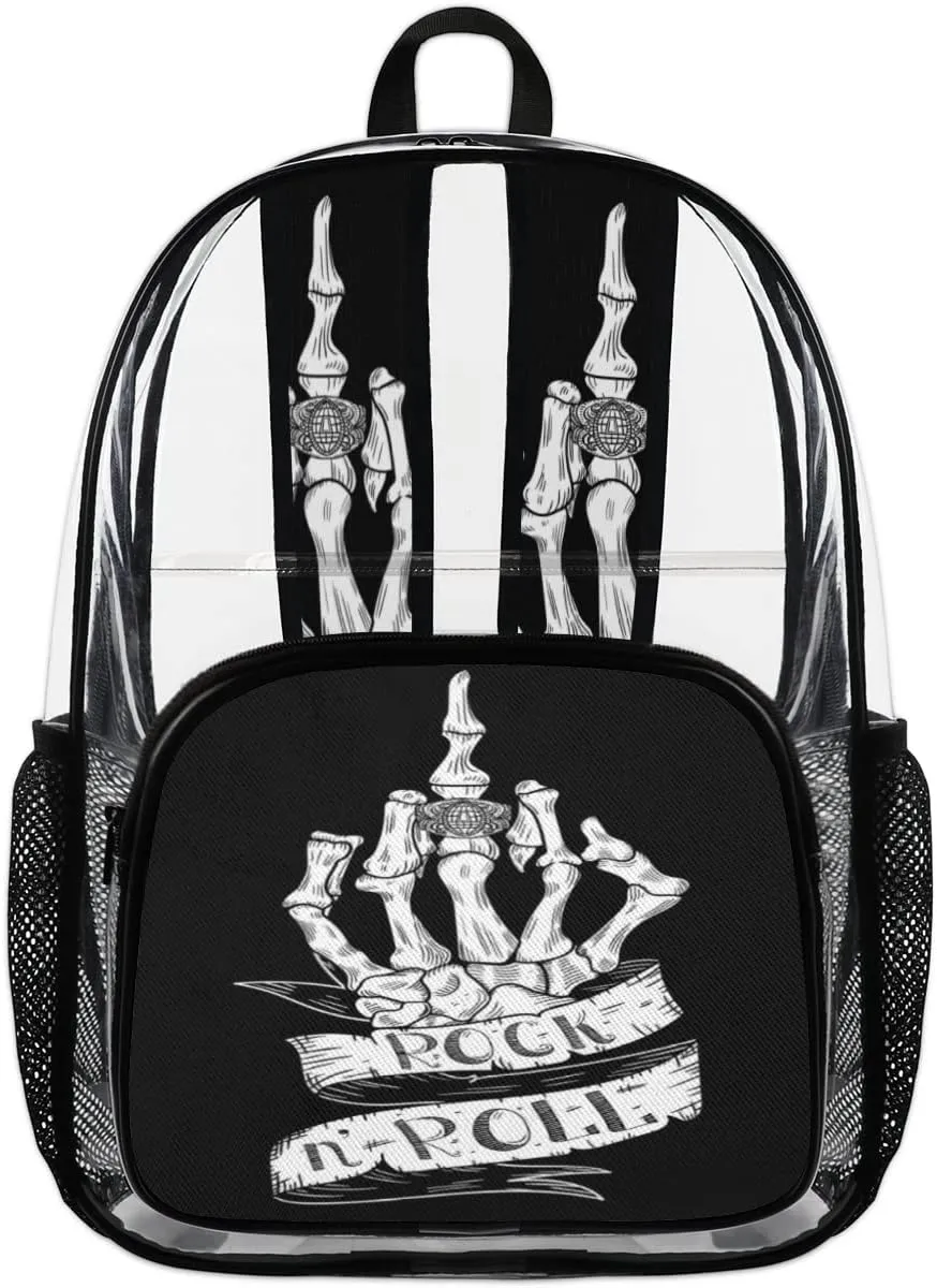 Skeleton Skull Hand Rock N Roll Clear Backpack Stadium Approved Heavy Duty PVC Transparent Backpacks Large See Through Bag for Work Travel Sports Events Concerts