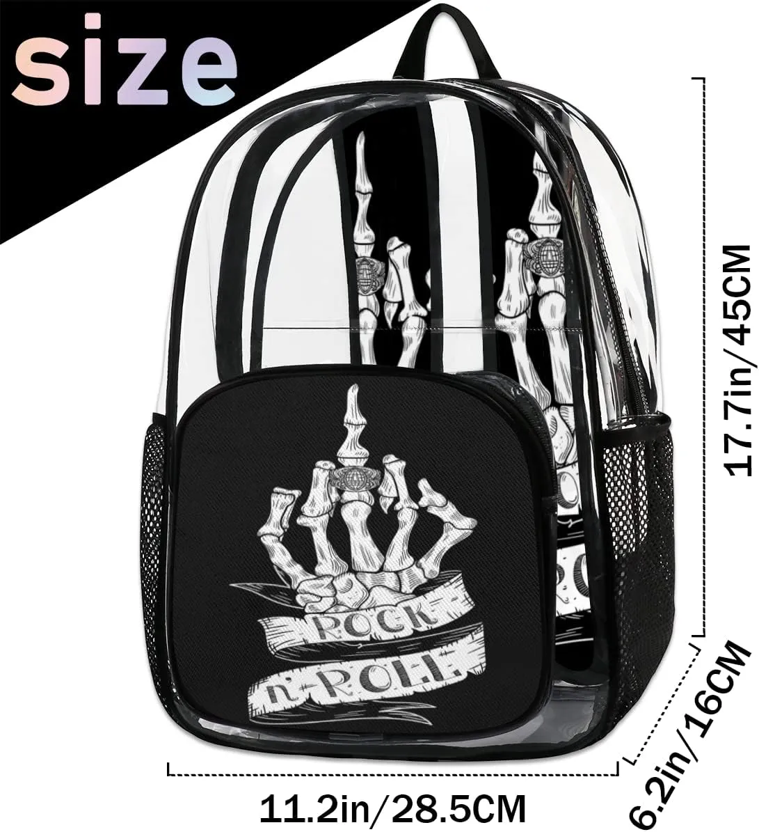 Skeleton Skull Hand Rock N Roll Clear Backpack Stadium Approved Heavy Duty PVC Transparent Backpacks Large See Through Bag for Work Travel Sports Events Concerts