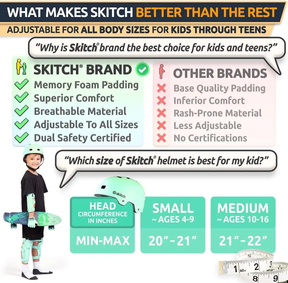 SKITCH Skateboard Helmet for Kids and Teens with Premium Grade Memory Foam Padding | Triple Certified Adjustable Protective Sport Head Gear for Scooter Roller Skate Inline Skating and Rollerblading