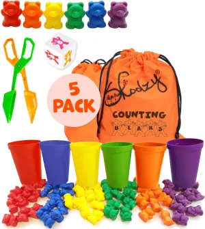 Skoolzy 60 pcs Rainbow Counting Bears 5 pk - Teddy Bear Bounters with 6 Color Sorting Cups, Math Games Dice Toy, Montessori Tong & 2 Storage Bags - Counting & Color Recognition Toys for Age 3 