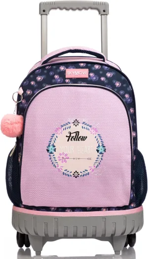 SKYMOVE 18 inch Multi-Compartment Double Handle Wheeled Student School Rolling Backpack for Girls Business Trip Carry-on, Pink Fireworks
