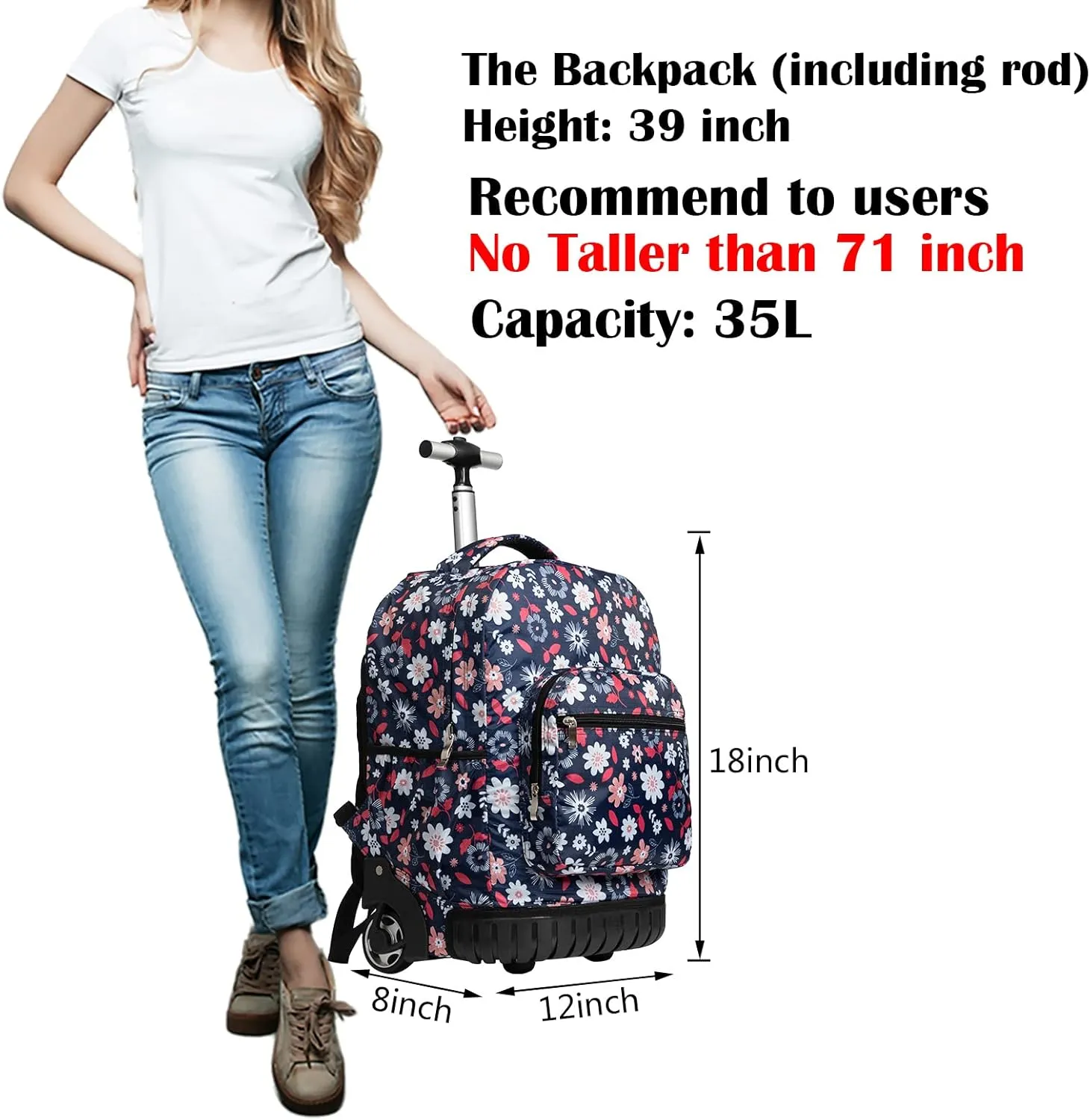 SKYMOVE 18 inches Wheeled Rolling Backpack Multi-Compartment College Books Laptop Bag Business Trip Carry-on