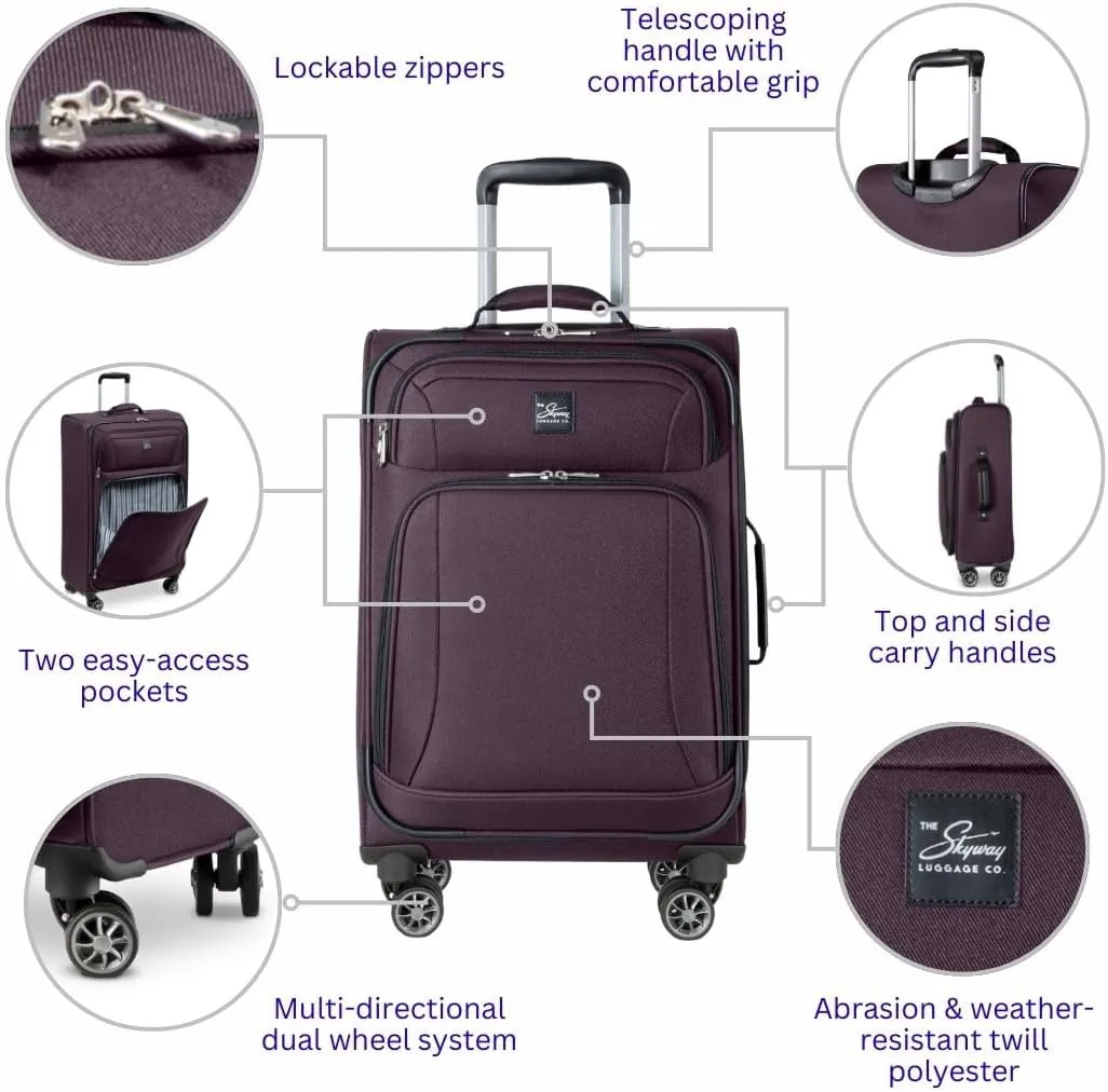 Skyway Epic Softside Large Checked Luggage - Lightweight Suitcase with Wheels | TSA Approved Travel Bag | Spinner Suitcase | Large Luggage Set with Telescoping Handle, 28 inch, Plum