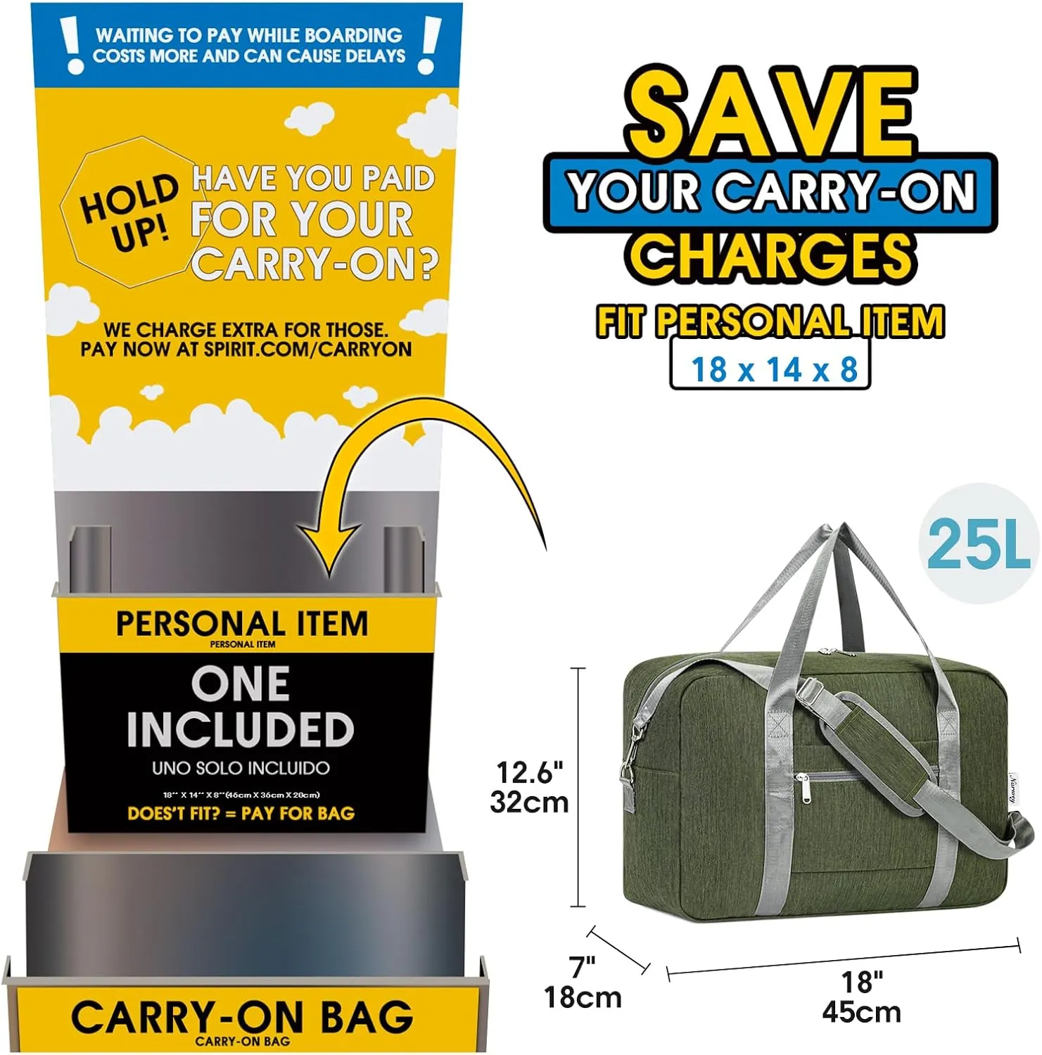 Small Carry On Bag For Spirit Airlines Personal Item Bag 18x14x8 Foldable Travel Duffel Bag Underseat Carry on Luggage for Women and Men 25L (Army Green)