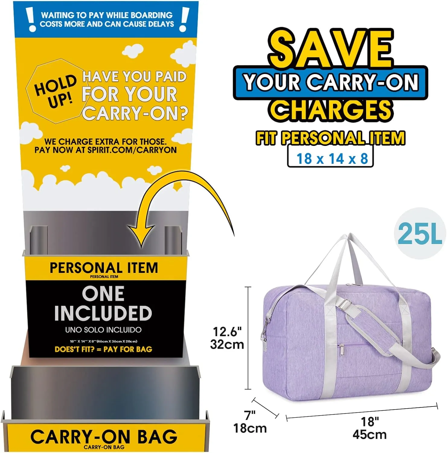 Small Carry On Bag For Spirit Airlines Personal Item Bag 18x14x8 Foldable Travel Duffel Bag Underseat Carry on Luggage for Women and Men 25L (Purple)