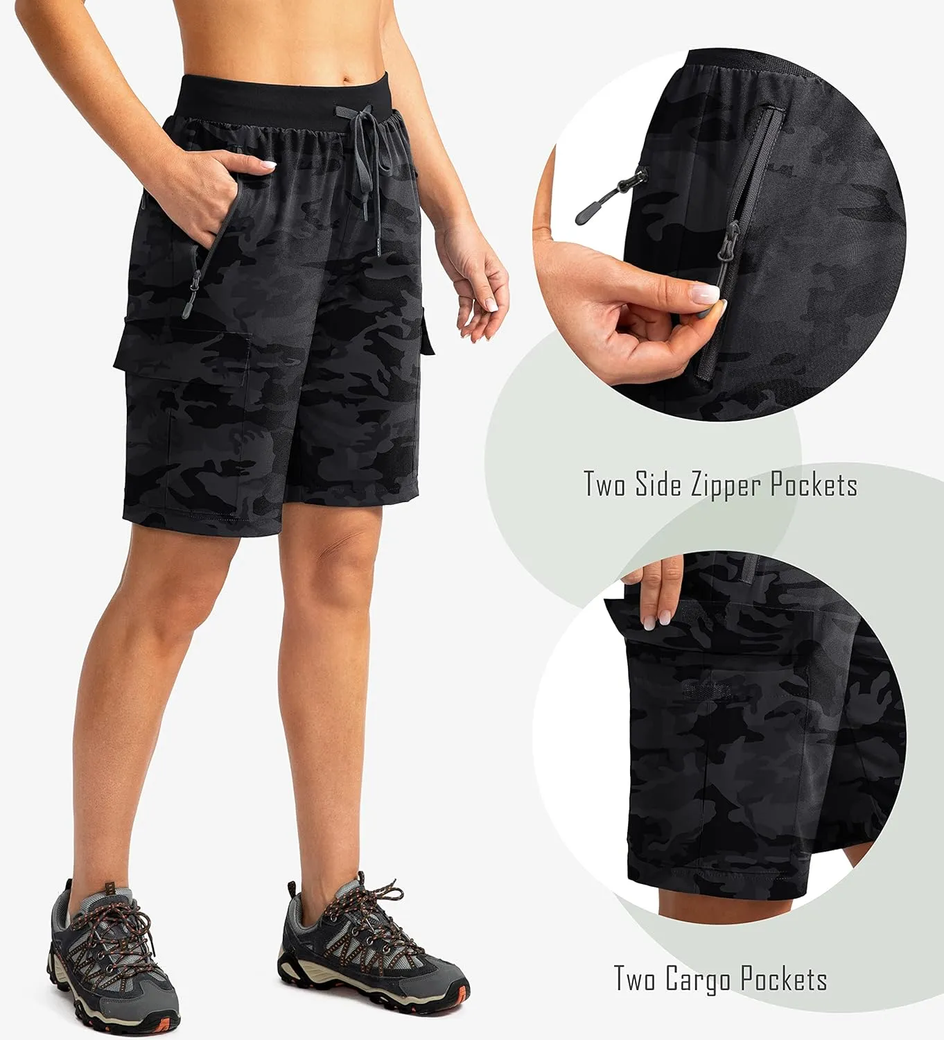 Soothfeel Women's 9" Hiking Cargo Shorts with 5 Pockets Quick Dry Summer Athletic Golf Bermuda Long Shorts for Women Casual