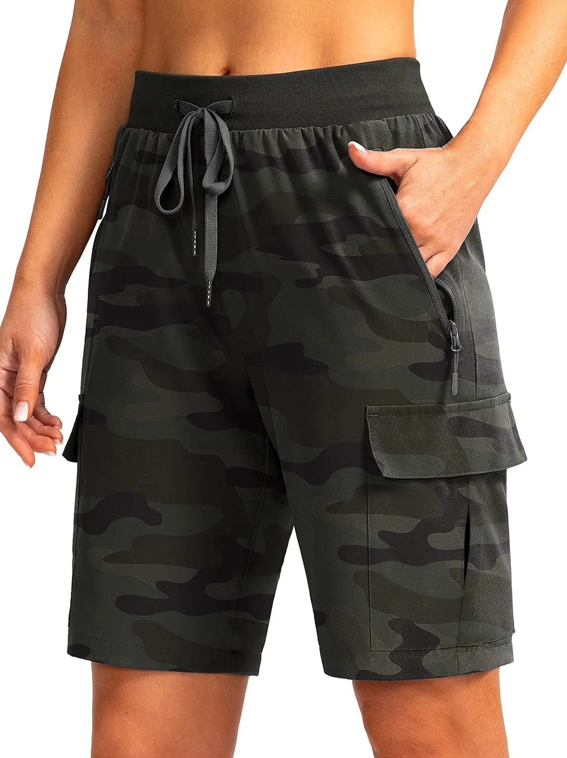 Soothfeel Women's 9" Hiking Cargo Shorts with 5 Pockets Quick Dry Summer Athletic Golf Bermuda Long Shorts for Women Casual