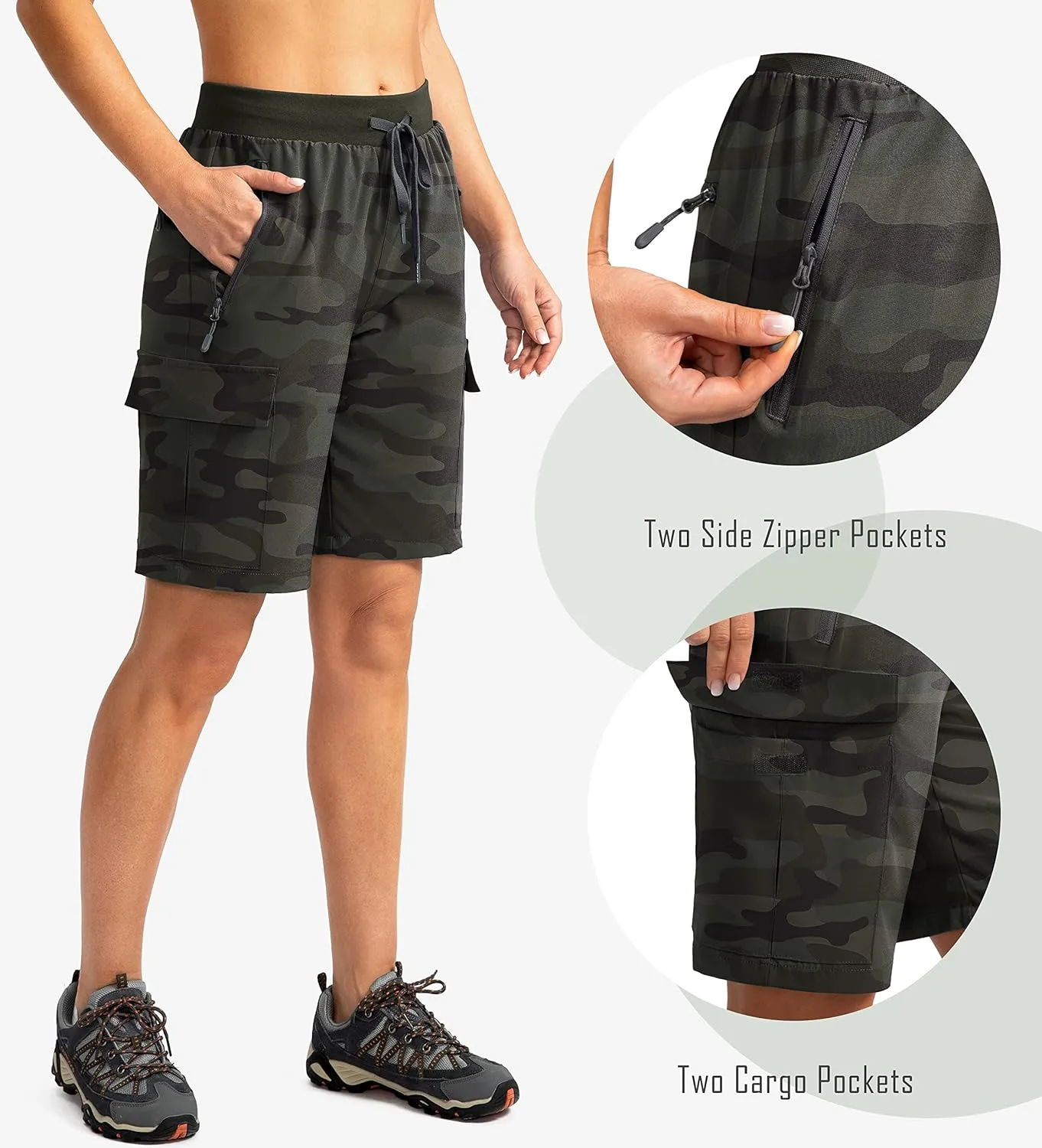 Soothfeel Women's 9" Hiking Cargo Shorts with 5 Pockets Quick Dry Summer Athletic Golf Bermuda Long Shorts for Women Casual