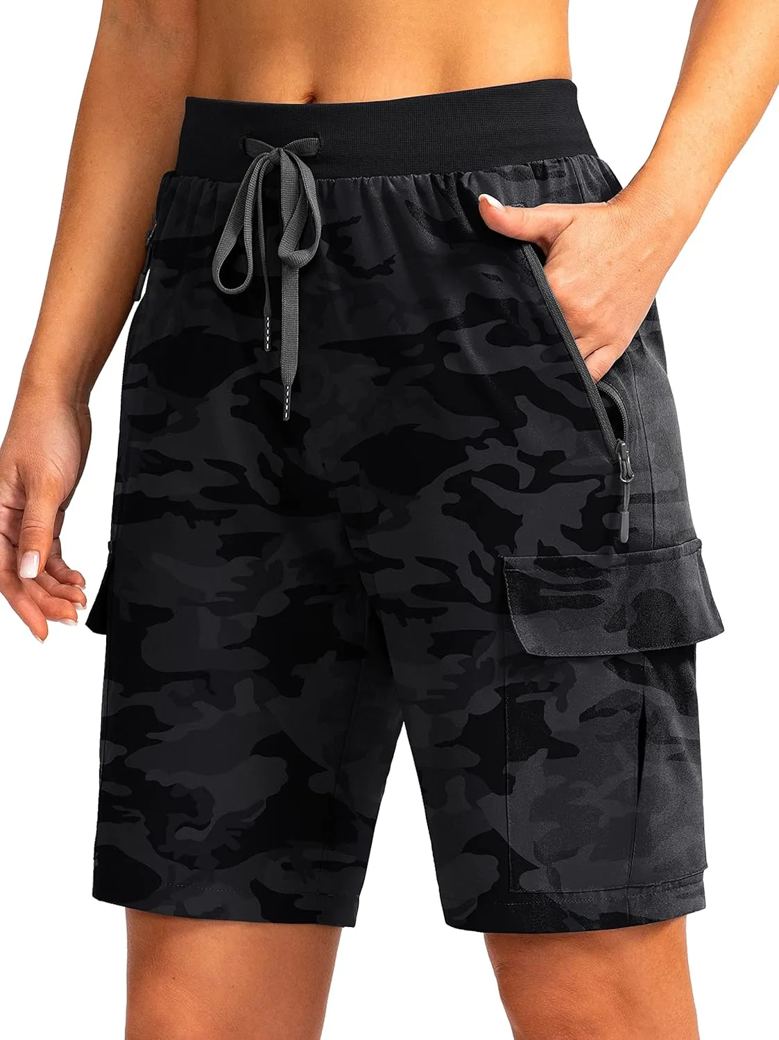Soothfeel Women's 9" Hiking Cargo Shorts with 5 Pockets Quick Dry Summer Athletic Golf Bermuda Long Shorts for Women Casual