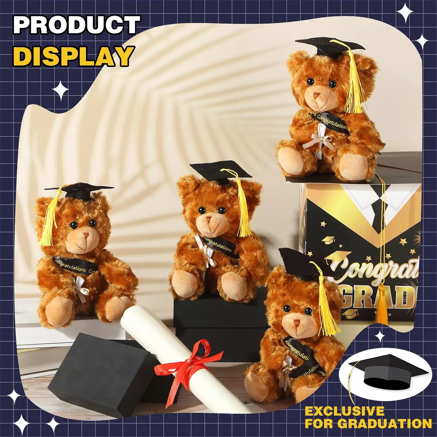 Sotiff 8 Pcs 2025 Graduation Plush Bear Bulk 7 Inch Stuffed Animal Bear with Hat and Diploma Graduation Gift for Friend Relatives College Party(Black)