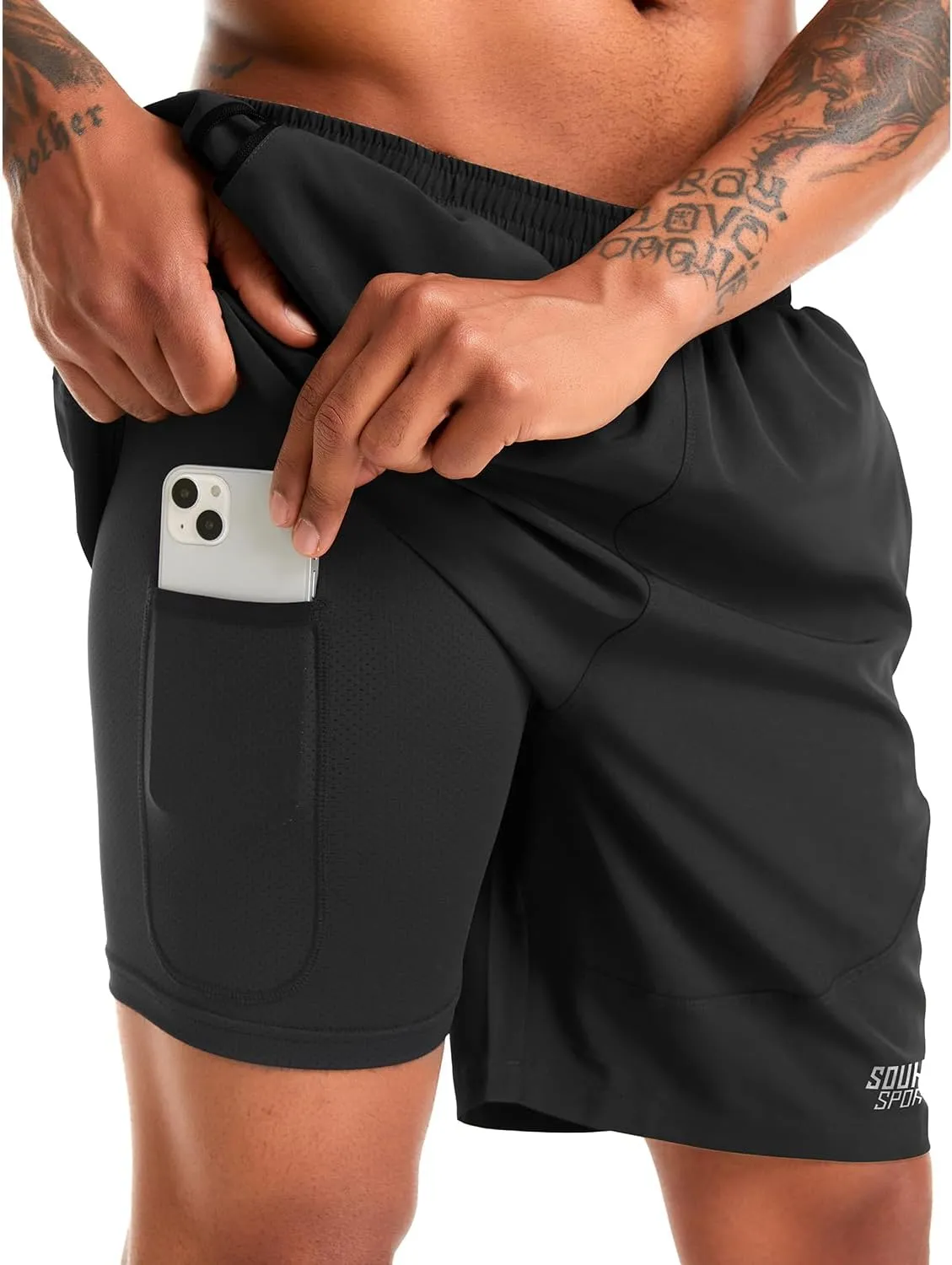 Souke Sports Men's 2 in 1 Workout Running Shorts 7" Quick Dry Gym Athletic Shorts Liner Zipper Pockets