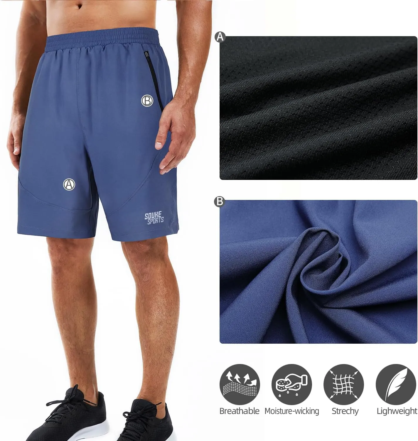 Souke Sports Men's 2 in 1 Workout Running Shorts 7" Quick Dry Gym Athletic Shorts Liner Zipper Pockets