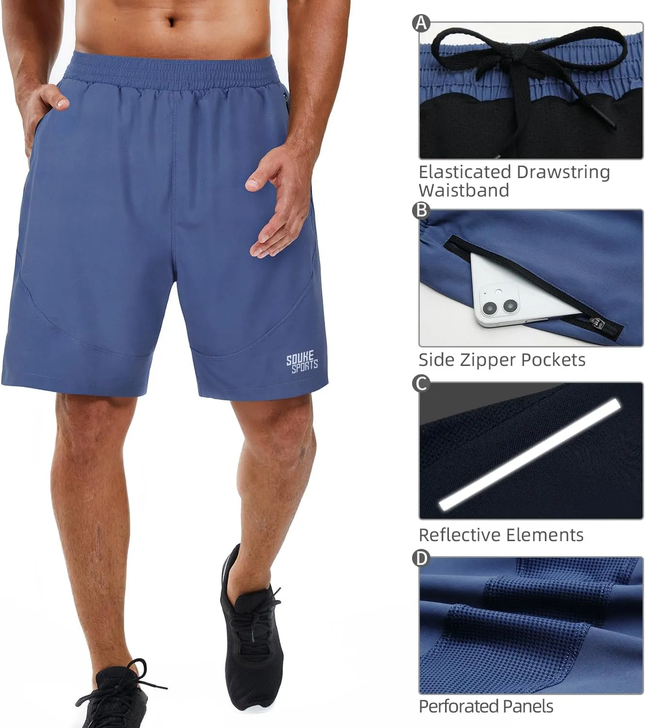 Souke Sports Men's 2 in 1 Workout Running Shorts 7" Quick Dry Gym Athletic Shorts Liner Zipper Pockets