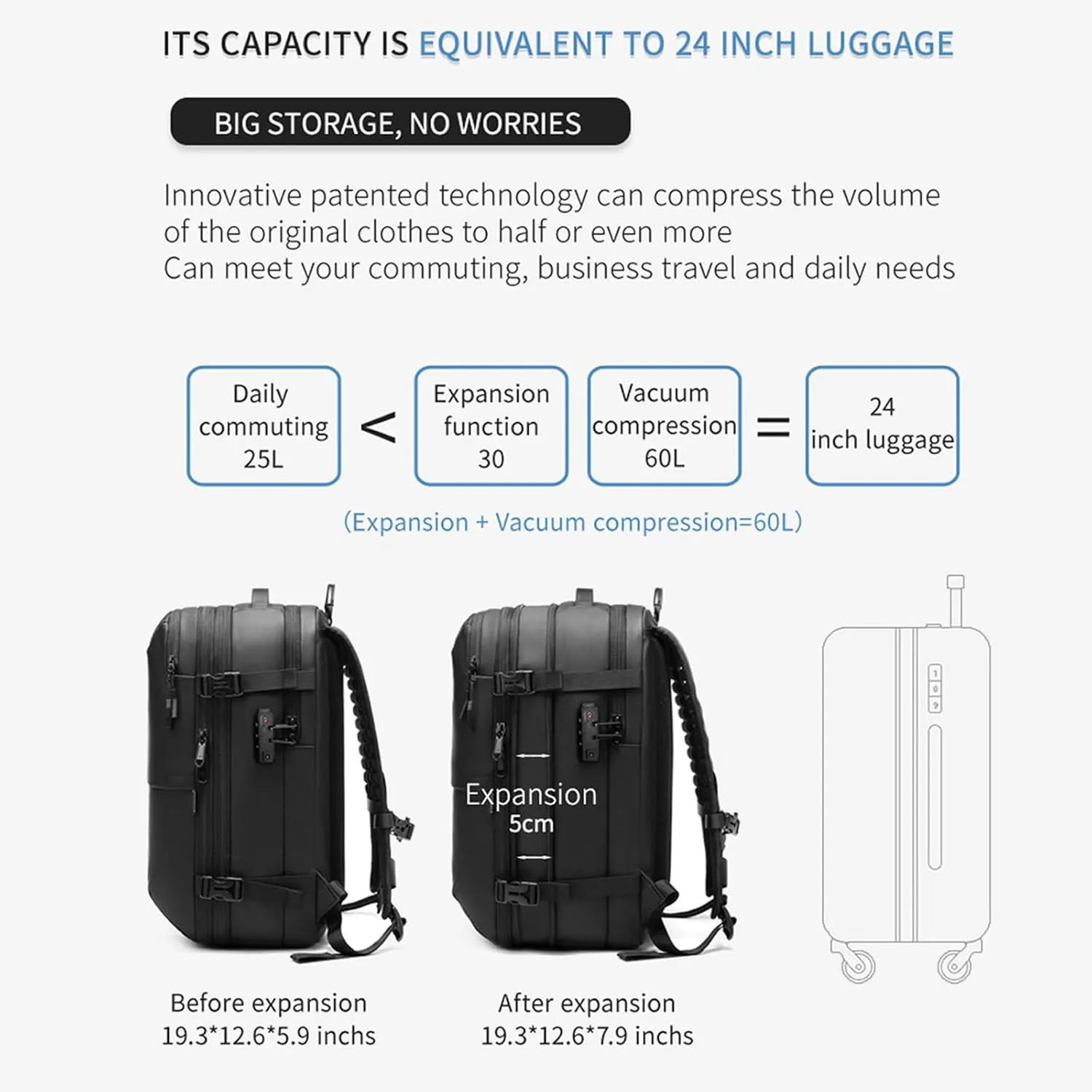 Space Vac Backpack, Spacevac Vacuum Compression Backpack,Expandable Waterproof Multifunctional Travel Password TSA Lock Bag (Black)
