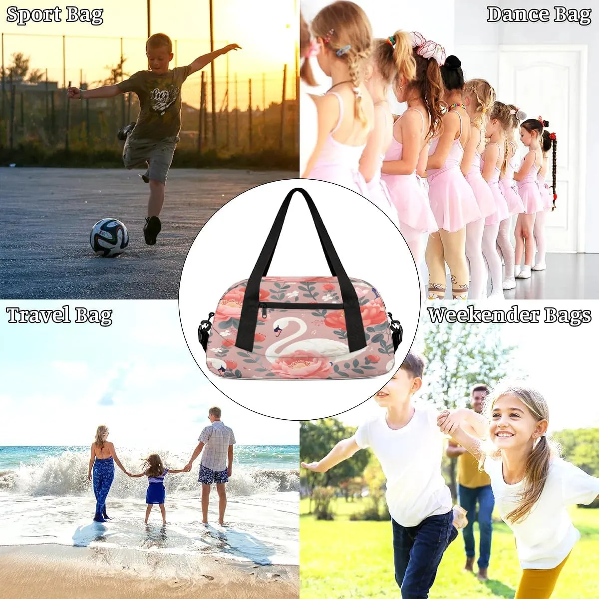 Sport Duffel Bag Beautiful Flower Swan Kids Gym Bag Weekender Overnight Bags for Boys Girls Teens Carry On Workout Travel Bag