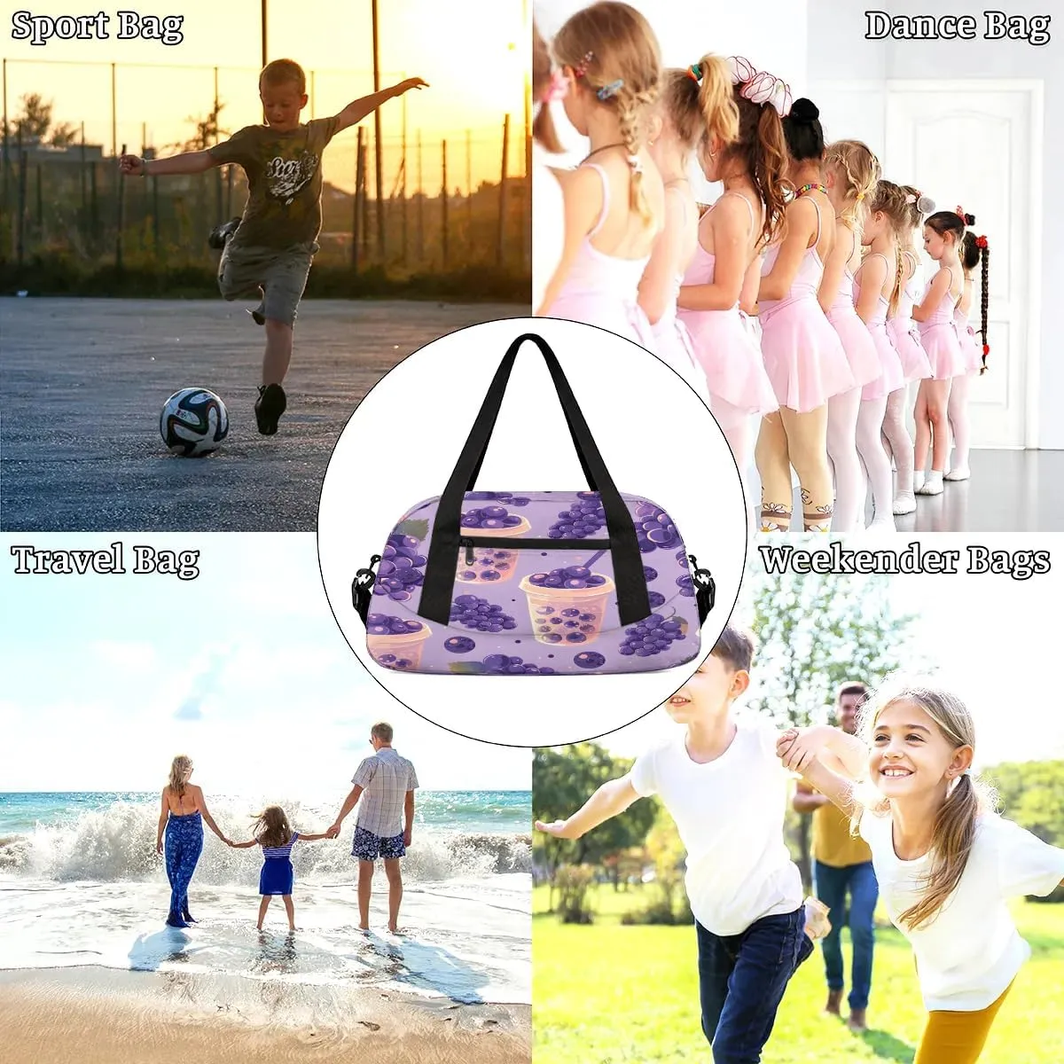 Sport Duffel Bag Blueberry Drink Print Kids Gym Bag Weekender Overnight Bags for Boys Girls Teens Carry On Workout Travel Bag