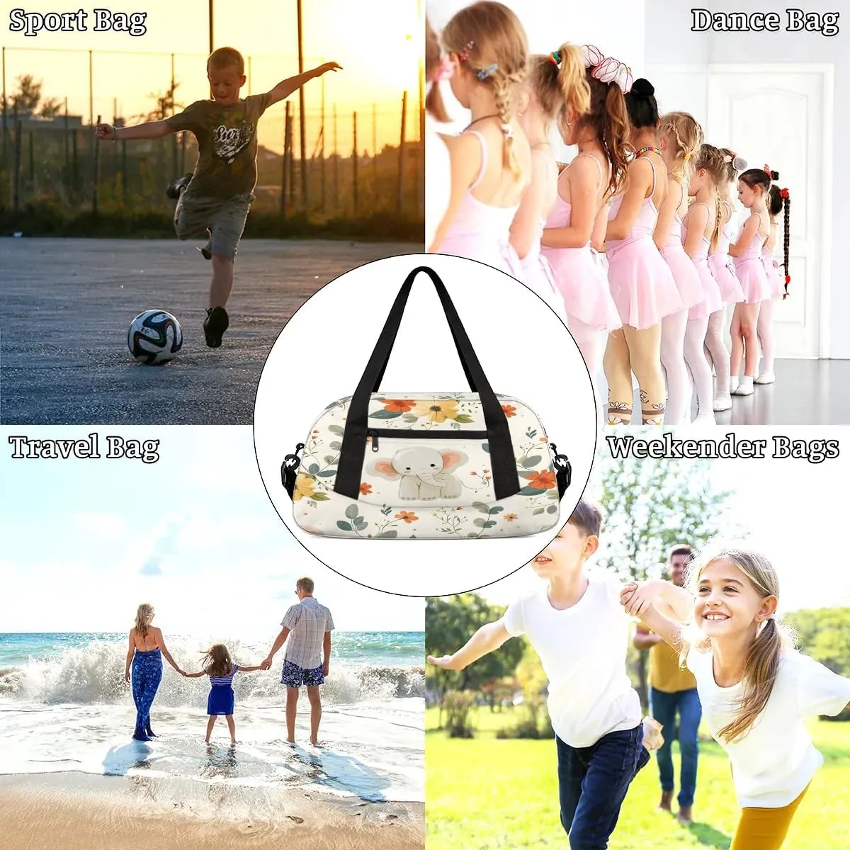 Sport Duffel Bag Cute Flower Elephant Kids Gym Bag Weekender Overnight Bags for Boys Girls Teens Carry On Workout Travel Bag