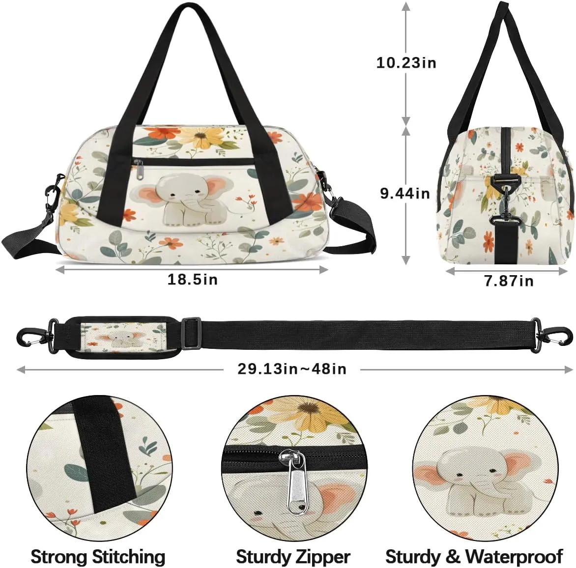 Sport Duffel Bag Cute Flower Elephant Kids Gym Bag Weekender Overnight Bags for Boys Girls Teens Carry On Workout Travel Bag