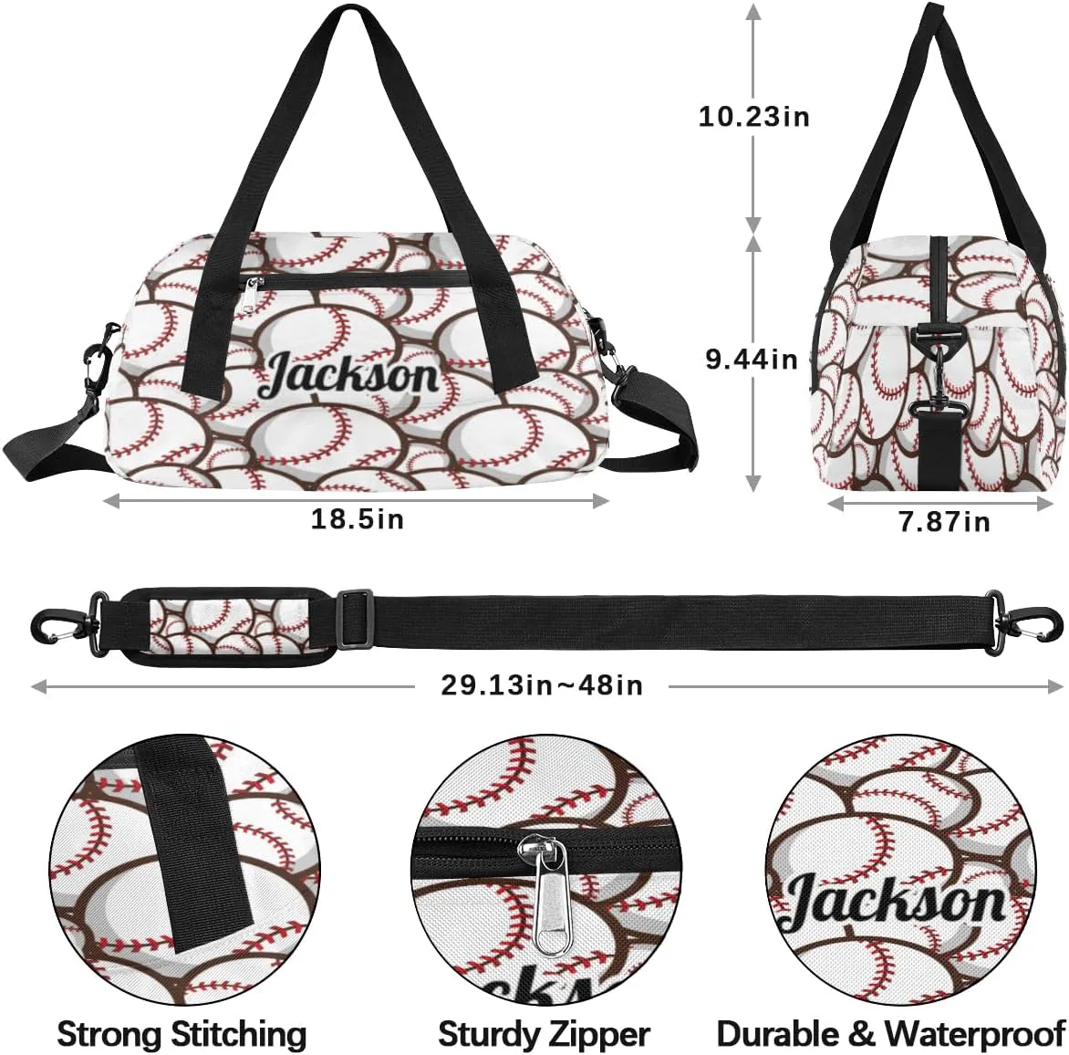 Sports Ball Baseball Custom Name Kids Duffel Bags Personalized Customized Sports Gym Bag Girls Dance Bag Tote Overnight Weekender Sleepover Carry On Travel Bag for Boys Girls