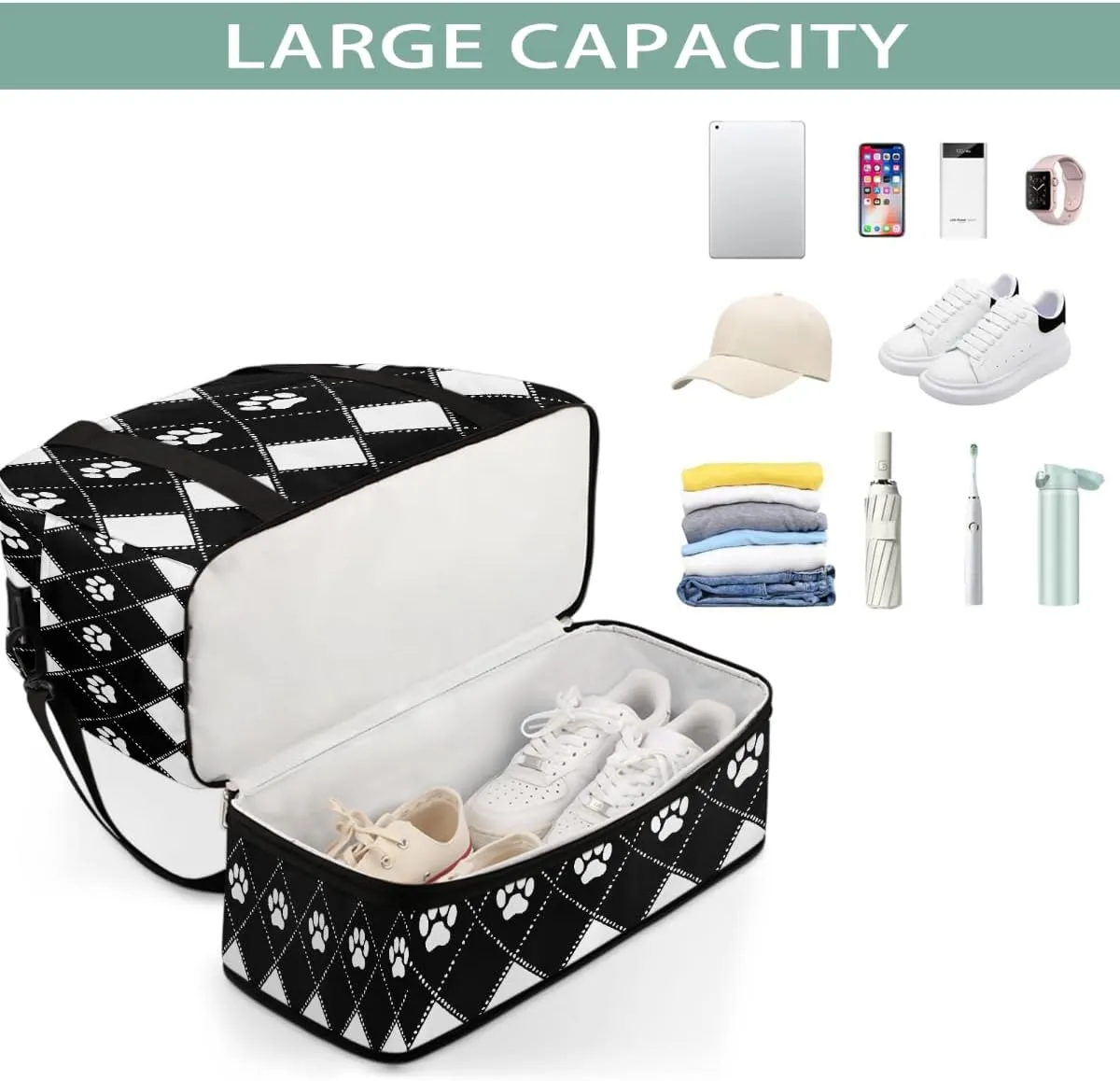 Sports Gym Bag Animal Footprints Large Travel Duffel Bag With Shoe Compartment Foldable Waterproof Carry-On Weekend Travel Bags for Camping Overnight Yoga Hospital Travel Bags