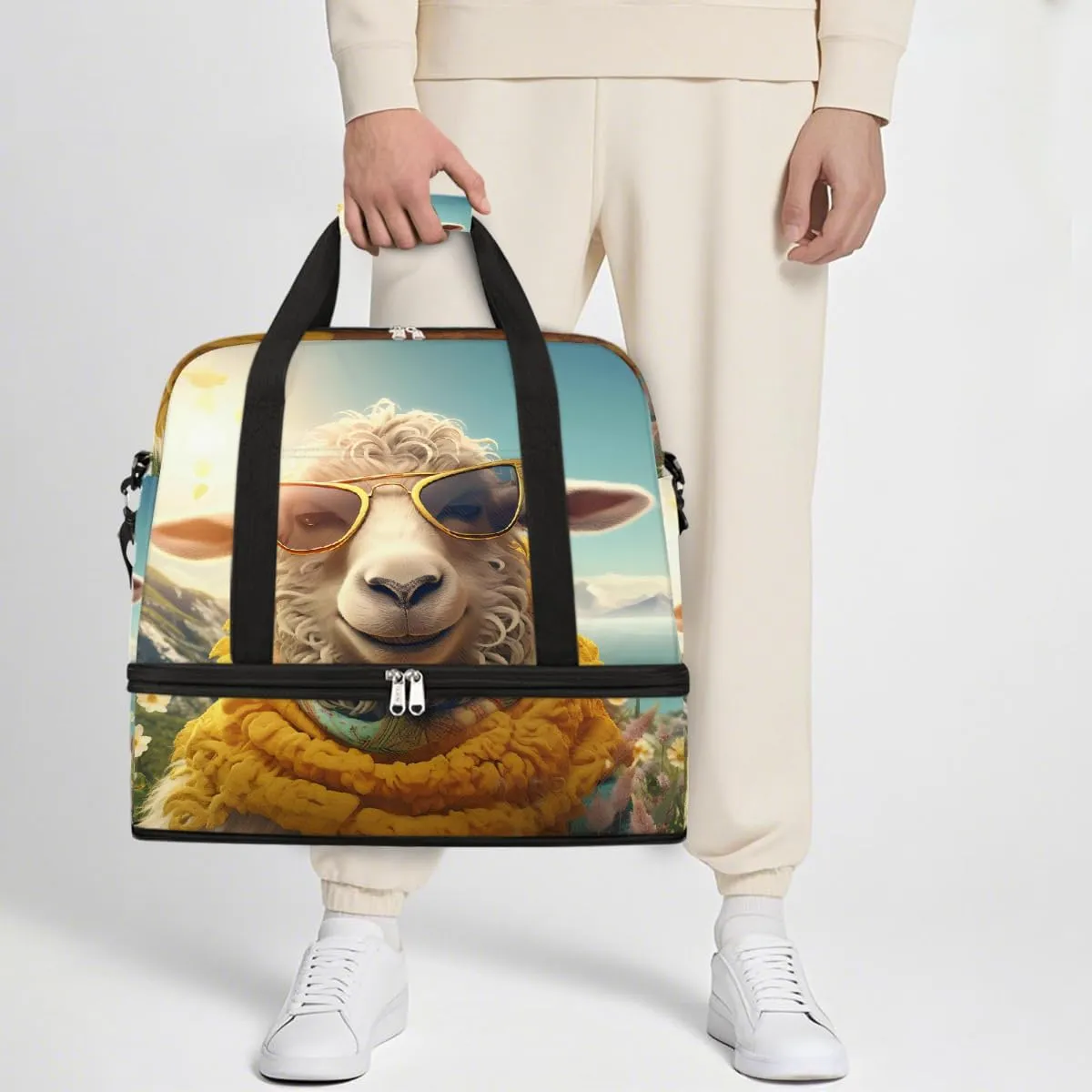 Sports Gym Bag Animal Sheep Sun Large Travel Duffel Bag With Shoe Compartment Foldable Waterproof Carry-On Weekend Travel Bags for Camping Overnight Yoga Hospital Travel Bags