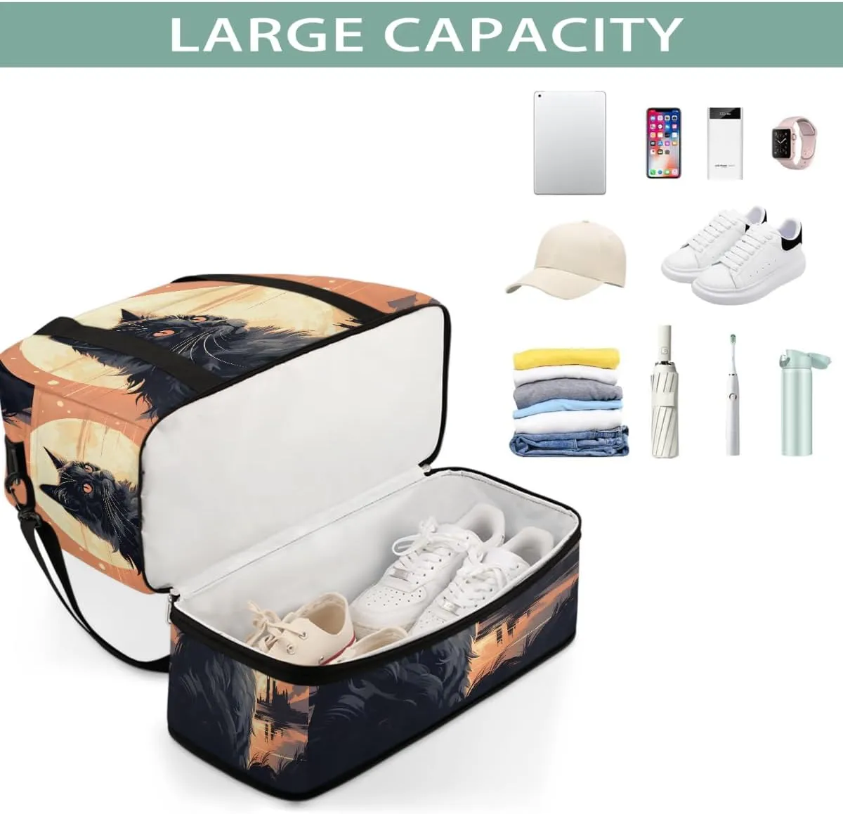 Sports Gym Bag Back Cat Moon Large Travel Duffel Bag With Shoe Compartment Foldable Waterproof Carry-On Weekend Travel Bags for Camping Overnight Yoga Hospital Travel Bags