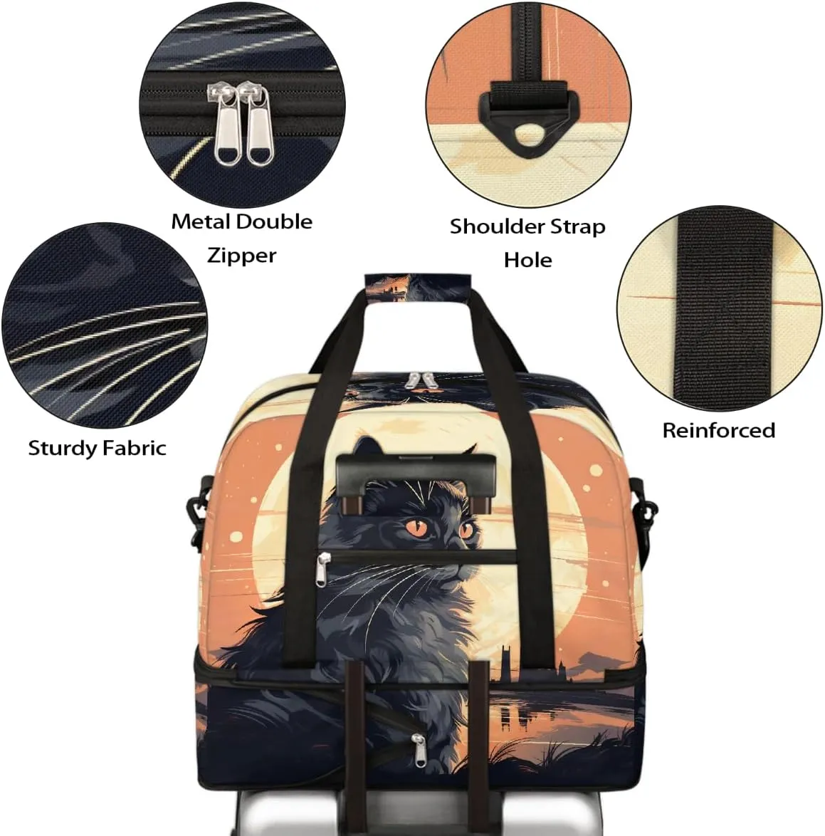 Sports Gym Bag Back Cat Moon Large Travel Duffel Bag With Shoe Compartment Foldable Waterproof Carry-On Weekend Travel Bags for Camping Overnight Yoga Hospital Travel Bags