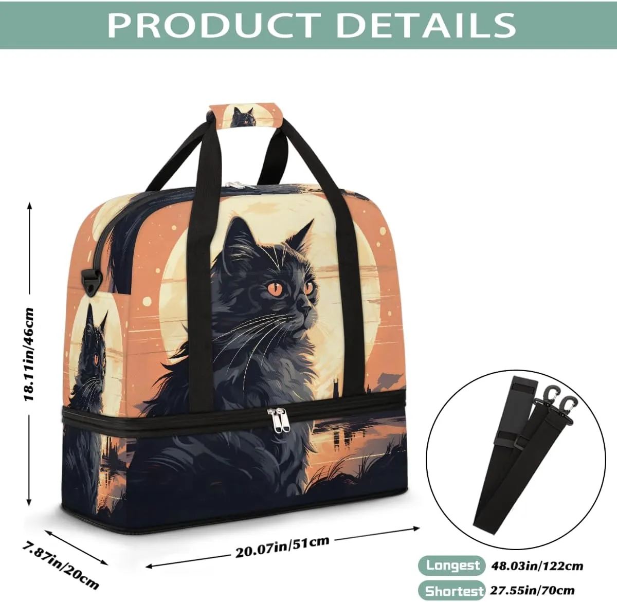 Sports Gym Bag Back Cat Moon Large Travel Duffel Bag With Shoe Compartment Foldable Waterproof Carry-On Weekend Travel Bags for Camping Overnight Yoga Hospital Travel Bags