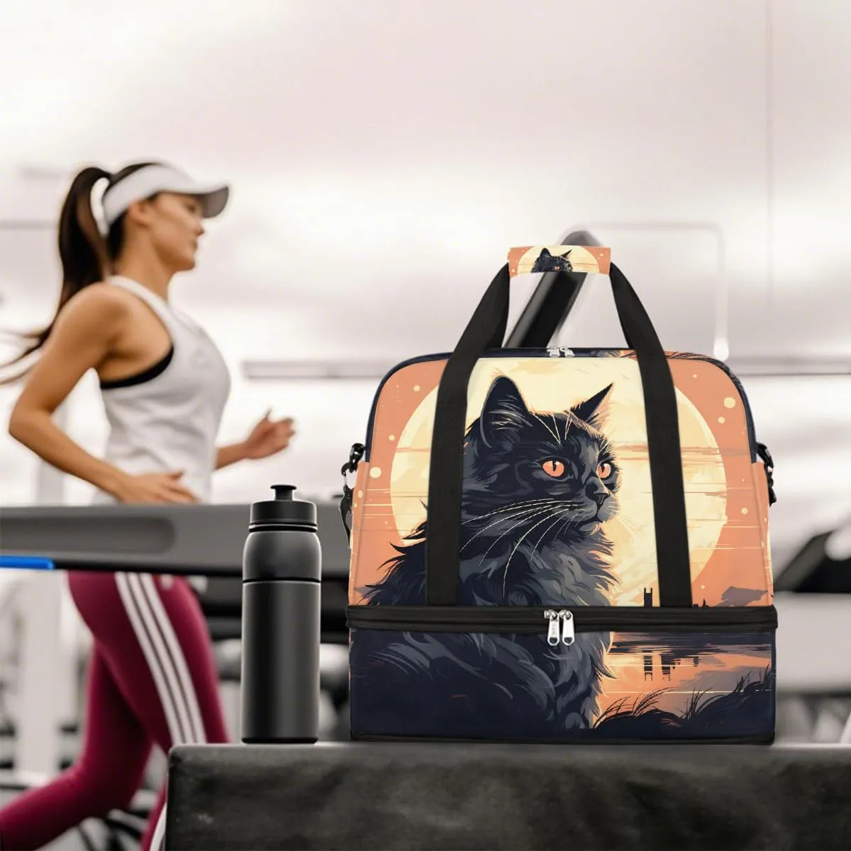 Sports Gym Bag Back Cat Moon Large Travel Duffel Bag With Shoe Compartment Foldable Waterproof Carry-On Weekend Travel Bags for Camping Overnight Yoga Hospital Travel Bags
