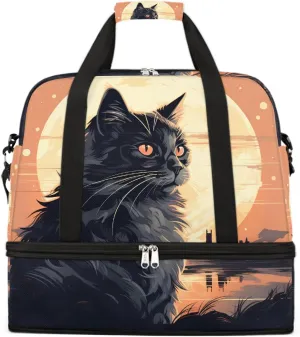 Sports Gym Bag Back Cat Moon Large Travel Duffel Bag With Shoe Compartment Foldable Waterproof Carry-On Weekend Travel Bags for Camping Overnight Yoga Hospital Travel Bags