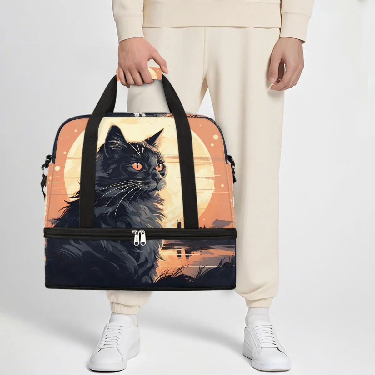 Sports Gym Bag Back Cat Moon Large Travel Duffel Bag With Shoe Compartment Foldable Waterproof Carry-On Weekend Travel Bags for Camping Overnight Yoga Hospital Travel Bags