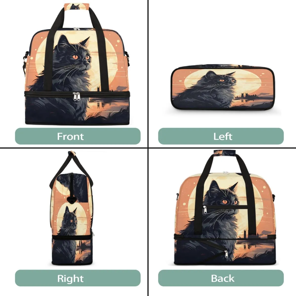Sports Gym Bag Back Cat Moon Large Travel Duffel Bag With Shoe Compartment Foldable Waterproof Carry-On Weekend Travel Bags for Camping Overnight Yoga Hospital Travel Bags