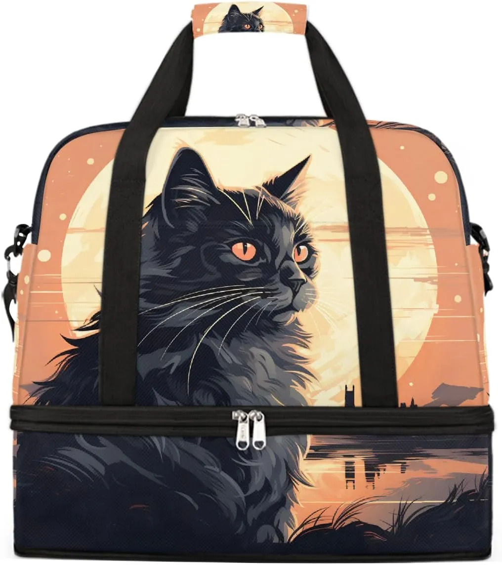Sports Gym Bag Back Cat Moon Large Travel Duffel Bag With Shoe Compartment Foldable Waterproof Carry-On Weekend Travel Bags for Camping Overnight Yoga Hospital Travel Bags