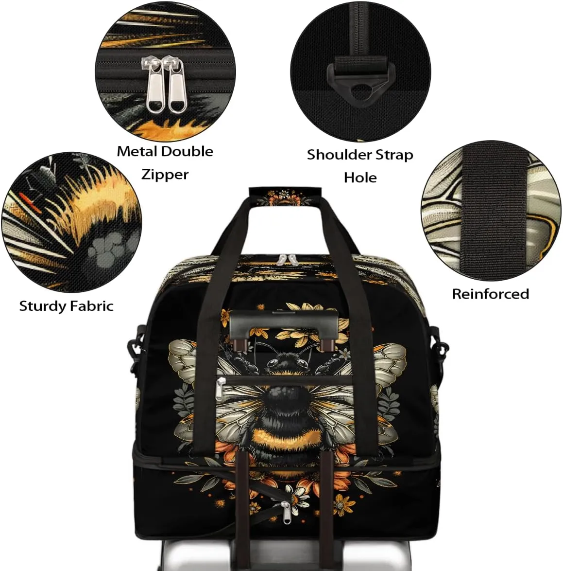 Sports Gym Bag Bee Retro Flower Large Travel Duffel Bag With Shoe Compartment Foldable Waterproof Carry-On Weekend Travel Bags for Camping Overnight Yoga Hospital Travel Bags