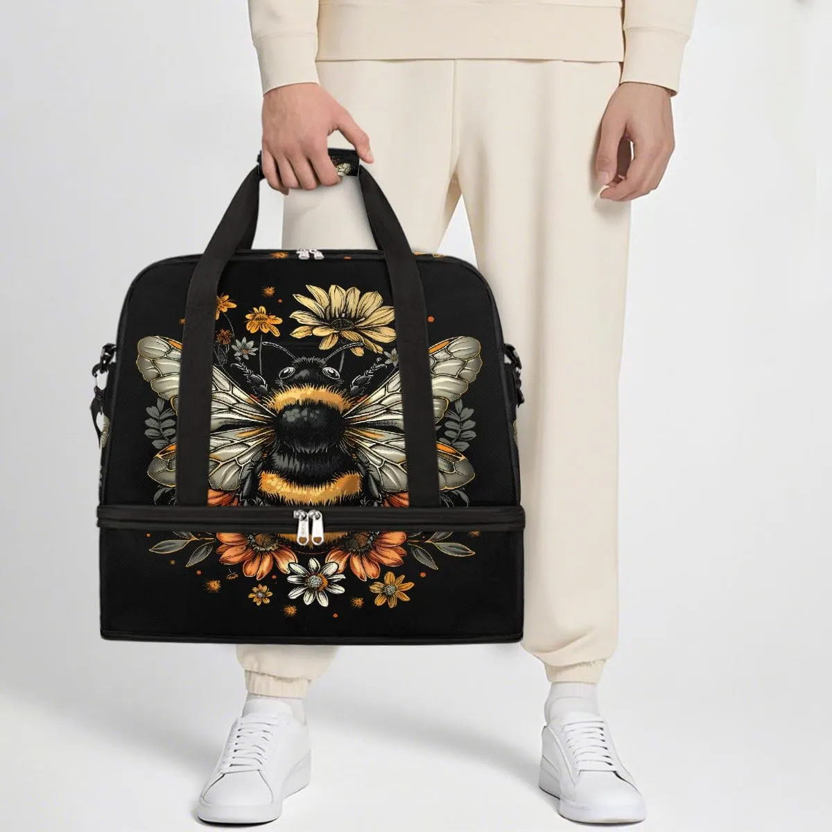Sports Gym Bag Bee Retro Flower Large Travel Duffel Bag With Shoe Compartment Foldable Waterproof Carry-On Weekend Travel Bags for Camping Overnight Yoga Hospital Travel Bags