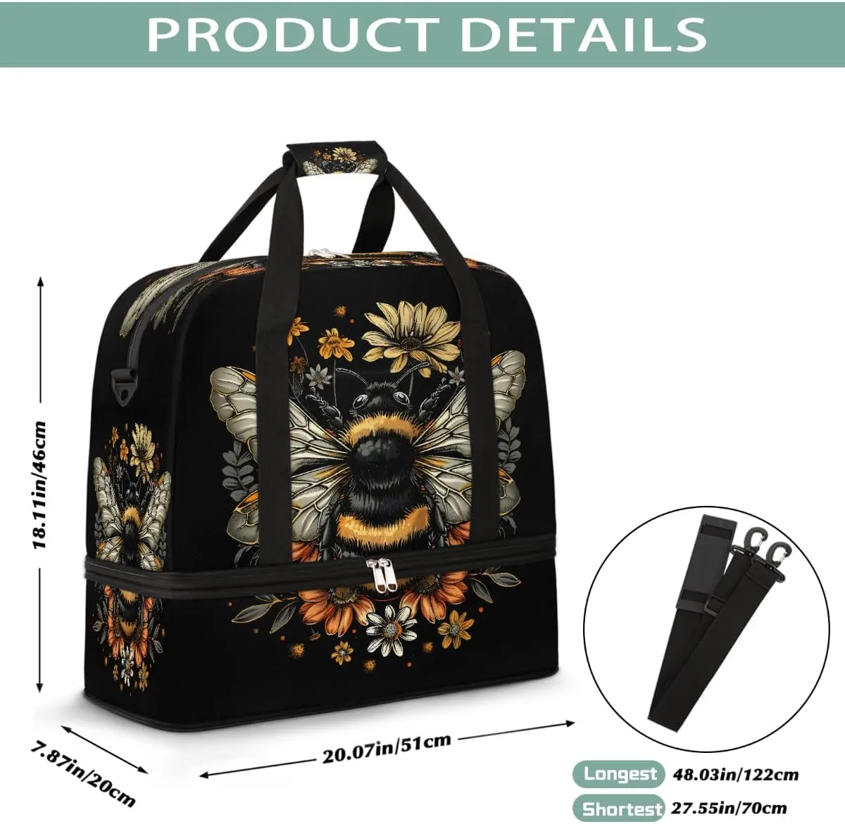 Sports Gym Bag Bee Retro Flower Large Travel Duffel Bag With Shoe Compartment Foldable Waterproof Carry-On Weekend Travel Bags for Camping Overnight Yoga Hospital Travel Bags