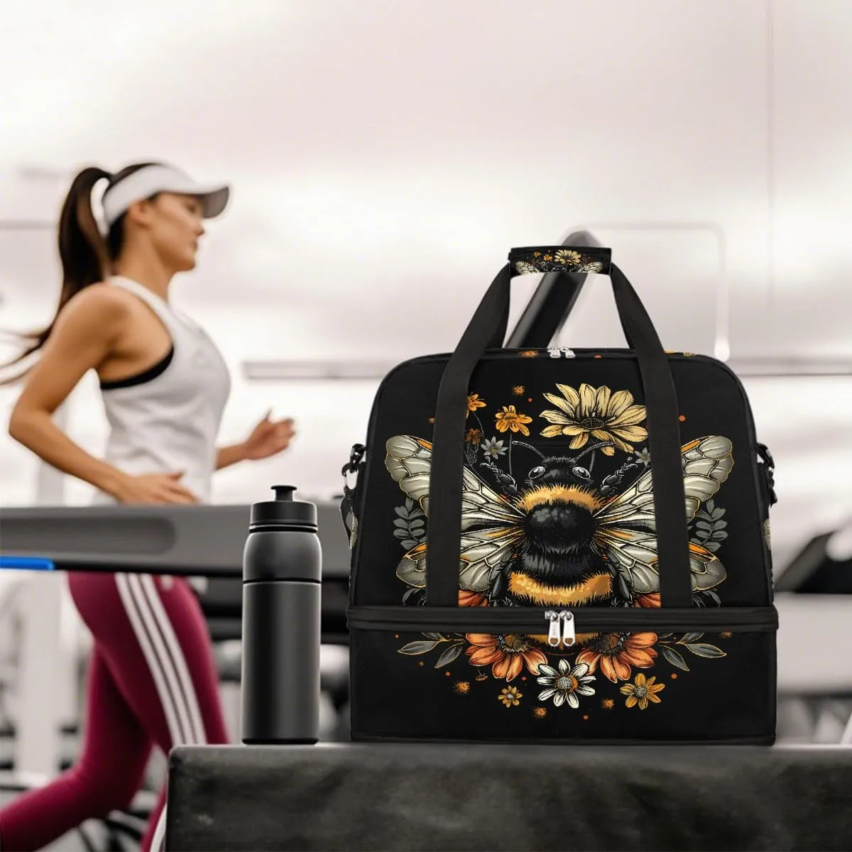 Sports Gym Bag Bee Retro Flower Large Travel Duffel Bag With Shoe Compartment Foldable Waterproof Carry-On Weekend Travel Bags for Camping Overnight Yoga Hospital Travel Bags