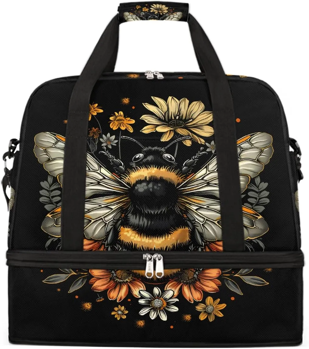 Sports Gym Bag Bee Retro Flower Large Travel Duffel Bag With Shoe Compartment Foldable Waterproof Carry-On Weekend Travel Bags for Camping Overnight Yoga Hospital Travel Bags