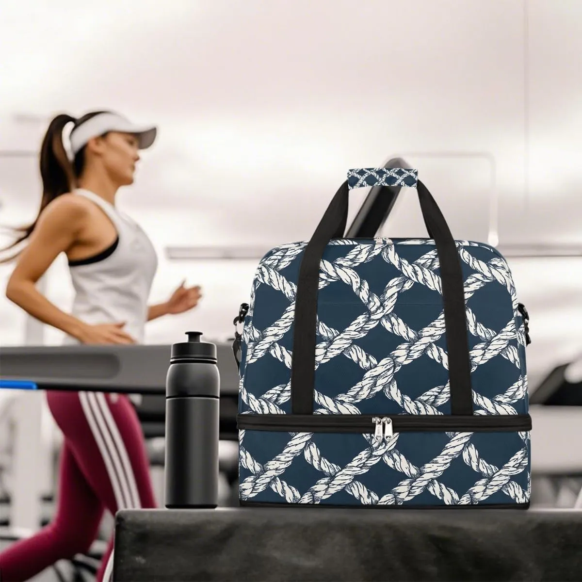 Sports Gym Bag Black And White Grid Rope Large Travel Duffel Bag With Shoe Compartment Foldable Waterproof Carry-On Weekend Travel Bags for Camping Overnight Yoga Hospital Travel Bags