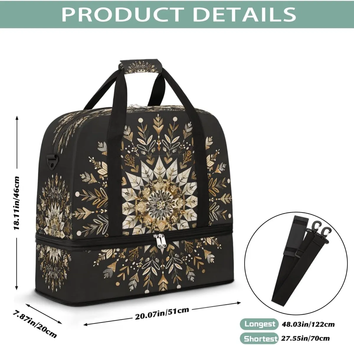 Sports Gym Bag Black Silk Gold Mandala Large Travel Duffel Bag With Shoe Compartment Foldable Waterproof Carry-On Weekend Travel Bags for Camping Overnight Yoga Hospital Travel Bags