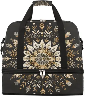 Sports Gym Bag Black Silk Gold Mandala Large Travel Duffel Bag With Shoe Compartment Foldable Waterproof Carry-On Weekend Travel Bags for Camping Overnight Yoga Hospital Travel Bags
