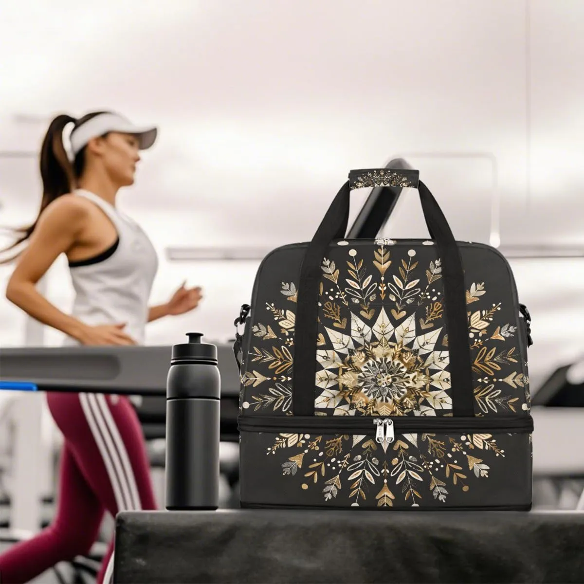 Sports Gym Bag Black Silk Gold Mandala Large Travel Duffel Bag With Shoe Compartment Foldable Waterproof Carry-On Weekend Travel Bags for Camping Overnight Yoga Hospital Travel Bags