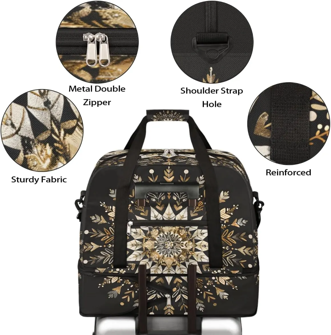 Sports Gym Bag Black Silk Gold Mandala Large Travel Duffel Bag With Shoe Compartment Foldable Waterproof Carry-On Weekend Travel Bags for Camping Overnight Yoga Hospital Travel Bags