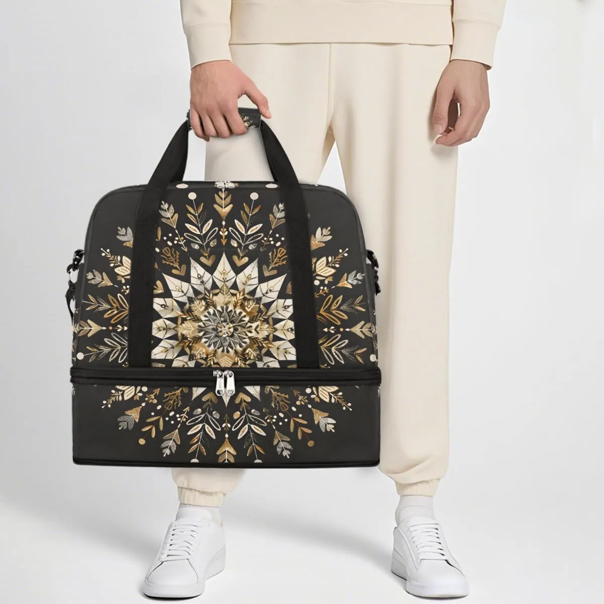 Sports Gym Bag Black Silk Gold Mandala Large Travel Duffel Bag With Shoe Compartment Foldable Waterproof Carry-On Weekend Travel Bags for Camping Overnight Yoga Hospital Travel Bags
