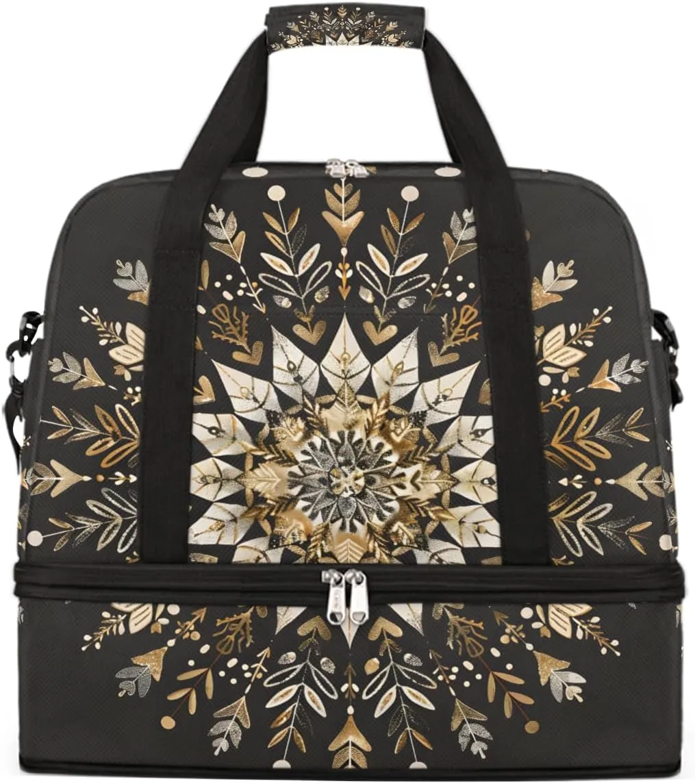 Sports Gym Bag Black Silk Gold Mandala Large Travel Duffel Bag With Shoe Compartment Foldable Waterproof Carry-On Weekend Travel Bags for Camping Overnight Yoga Hospital Travel Bags