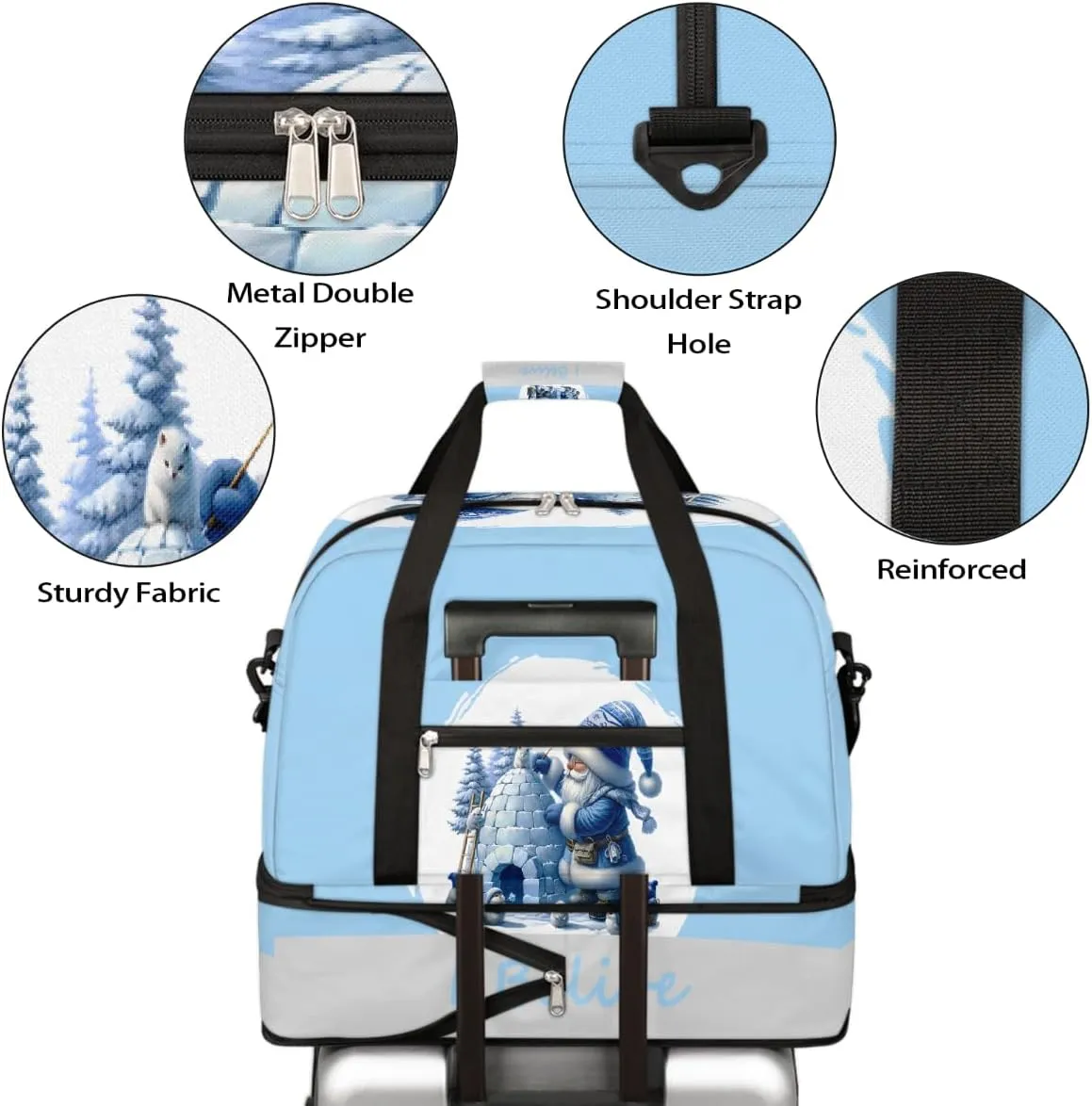 Sports Gym Bag Blue Dwarf Winter Large Travel Duffel Bag With Shoe Compartment Foldable Waterproof Carry-On Weekend Travel Bags for Camping Overnight Yoga Hospital Travel Bags
