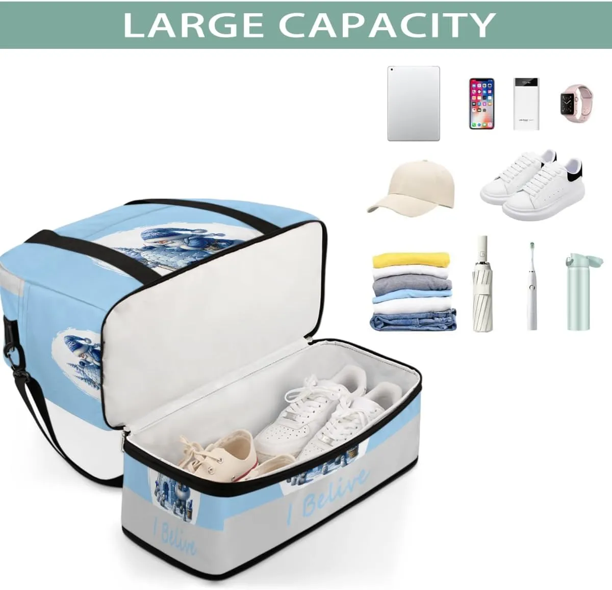 Sports Gym Bag Blue Dwarf Winter Large Travel Duffel Bag With Shoe Compartment Foldable Waterproof Carry-On Weekend Travel Bags for Camping Overnight Yoga Hospital Travel Bags