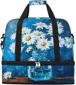 Sports Gym Bag Blue Oil Painting Flower Large Travel Duffel Bag With Shoe Compartment Foldable Waterproof Carry-On Weekend Travel Bags for Camping Overnight Yoga Hospital Travel Bags